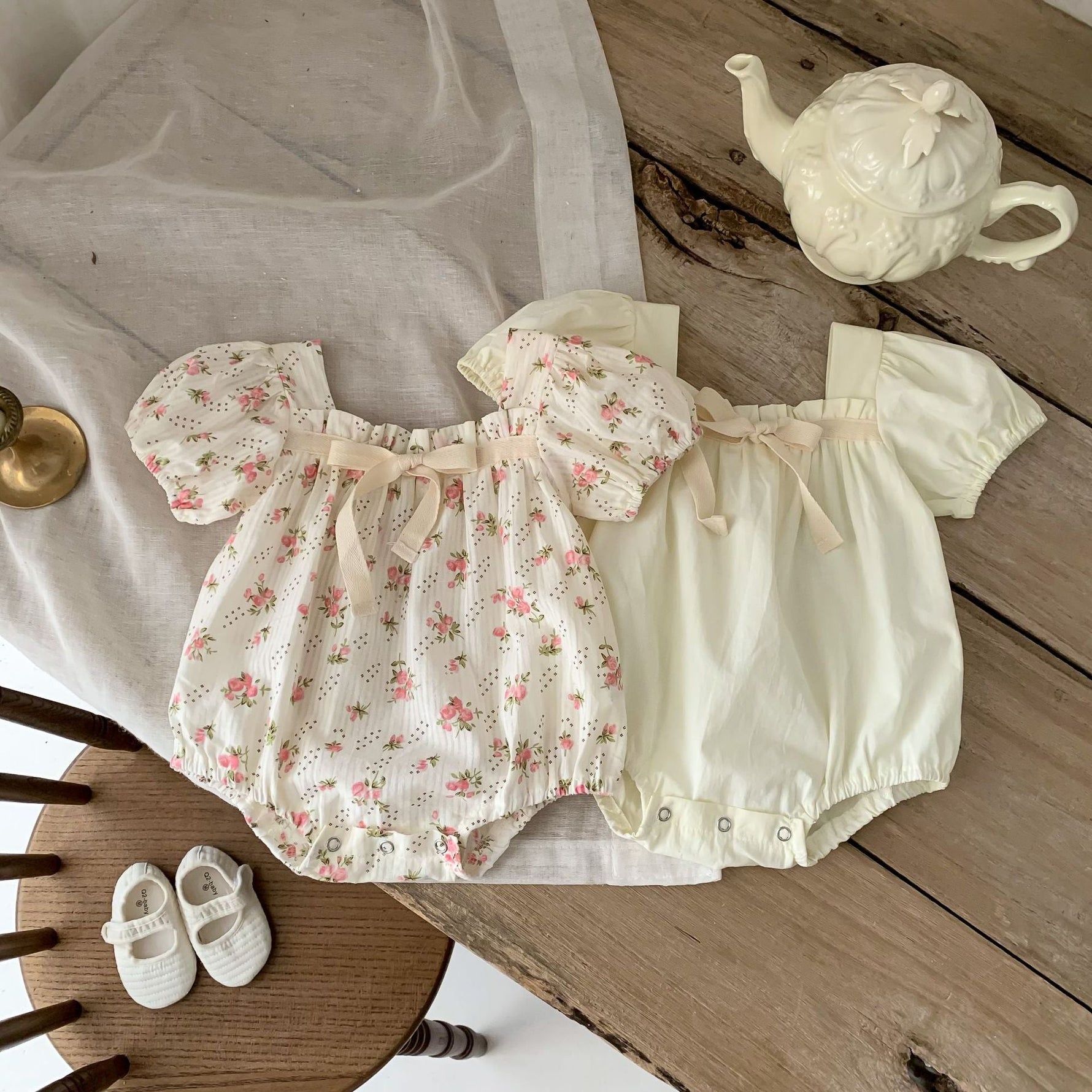 Small Floral Bow Baby Girl Bubble Sleeve Harness Crawl Clothes - Cindi Book