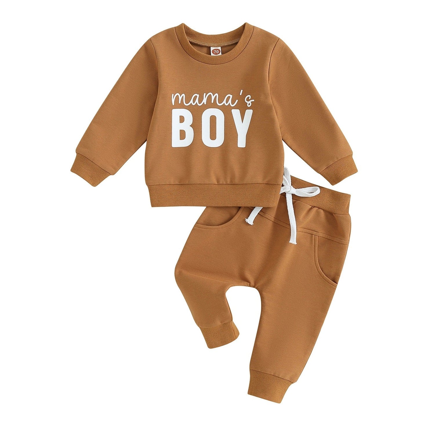 Solid Color Boy Letter Printed Round Neck Long Sleeve Trousers Set