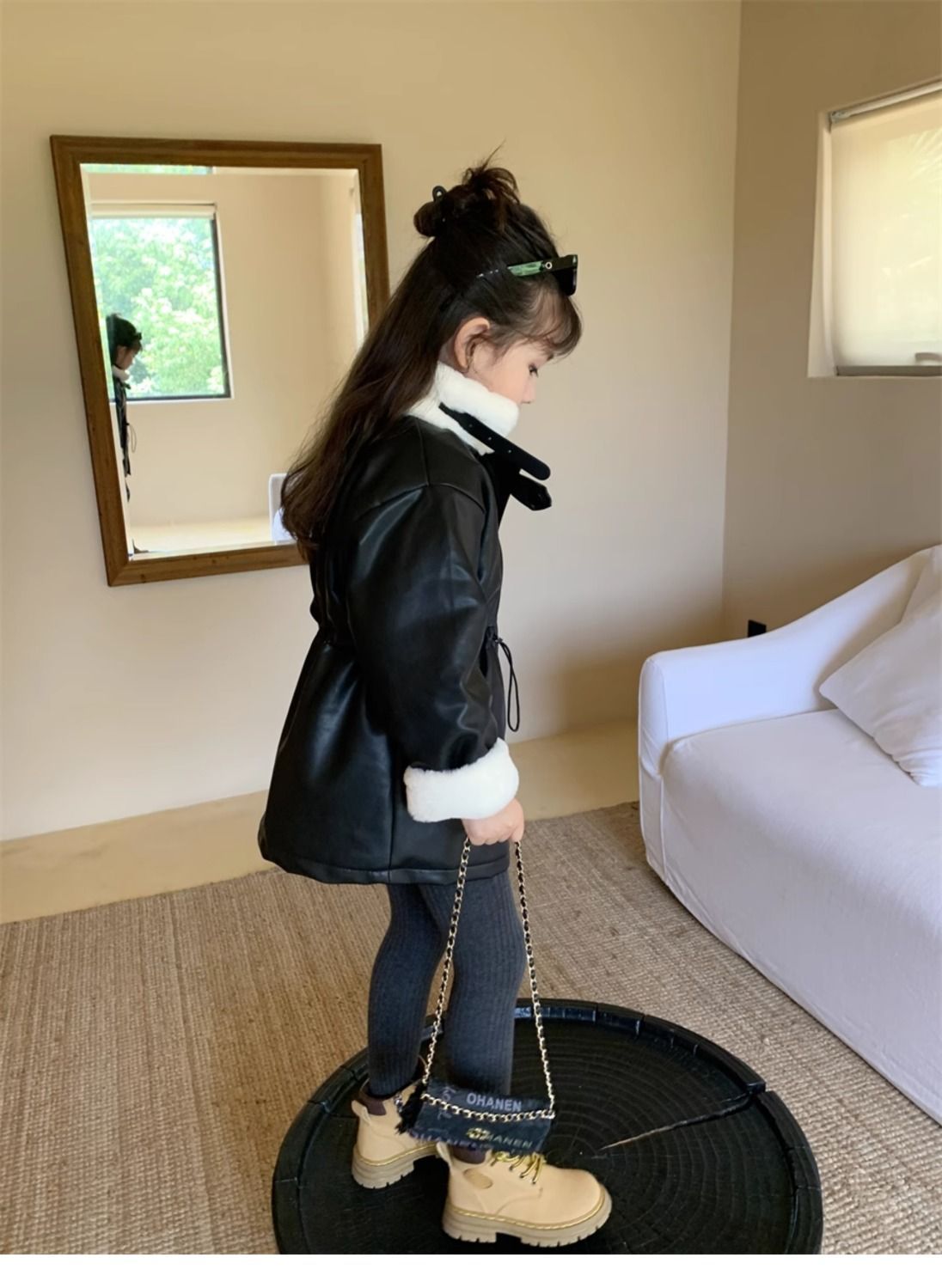 Girls' Winter Fleece-lined Medium Leather Coat - Cindi Book