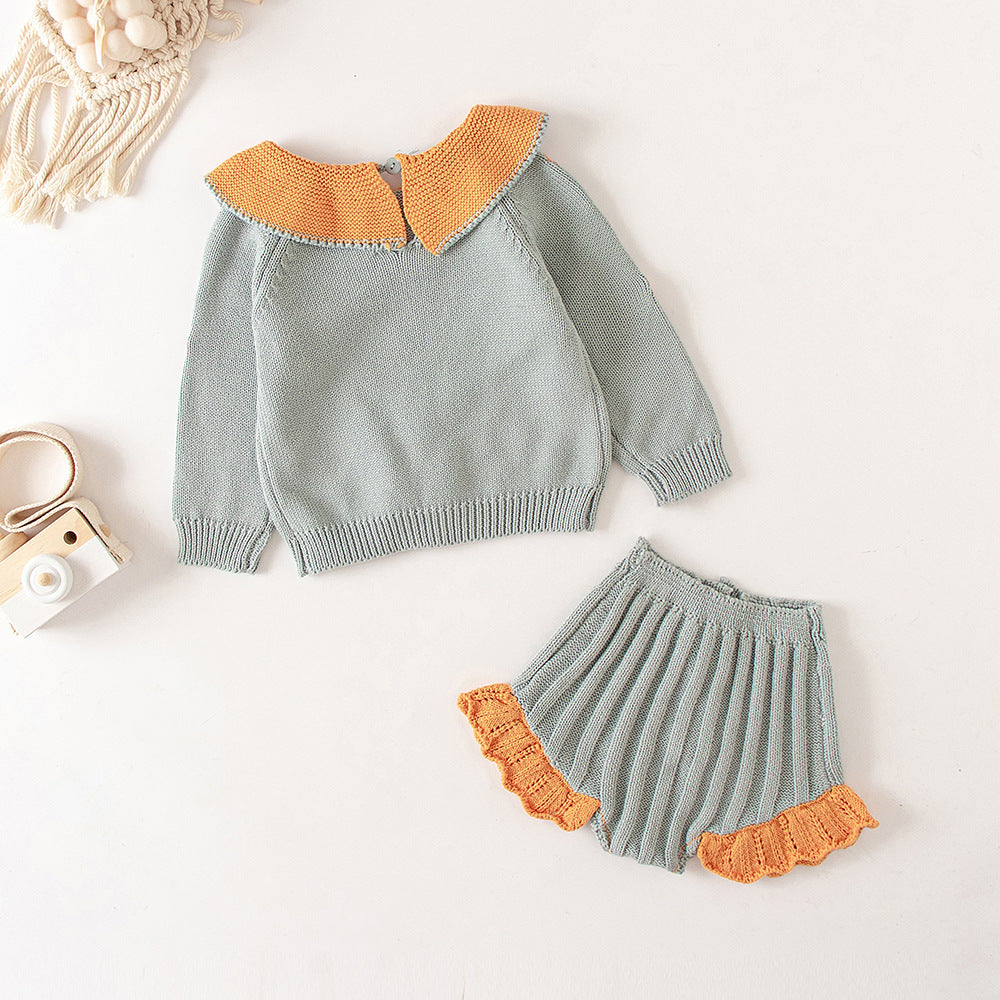 Baby Girl Baby Knitted Suit Embroidered Lotus Leaf Collar Top - Cindi Book