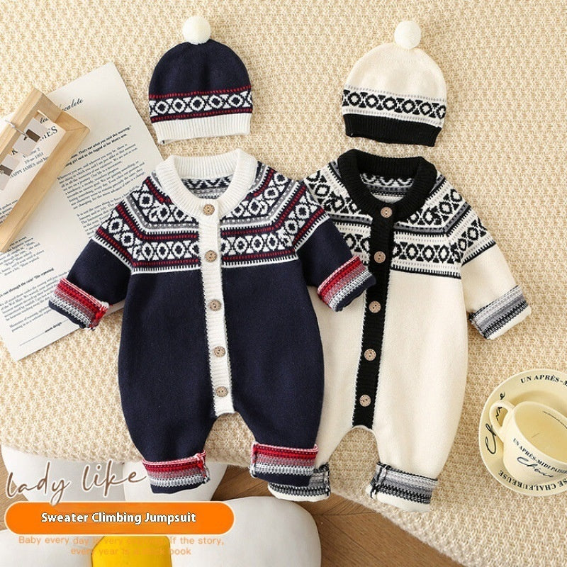 Western Style Striped Knitted Clothing Male And Female Baby One-piece Outing - Cindi Book