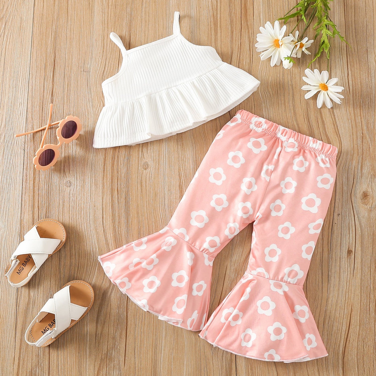 Children's Summer Spaghetti-Strap Floral Print Cotton Flared Pants Set