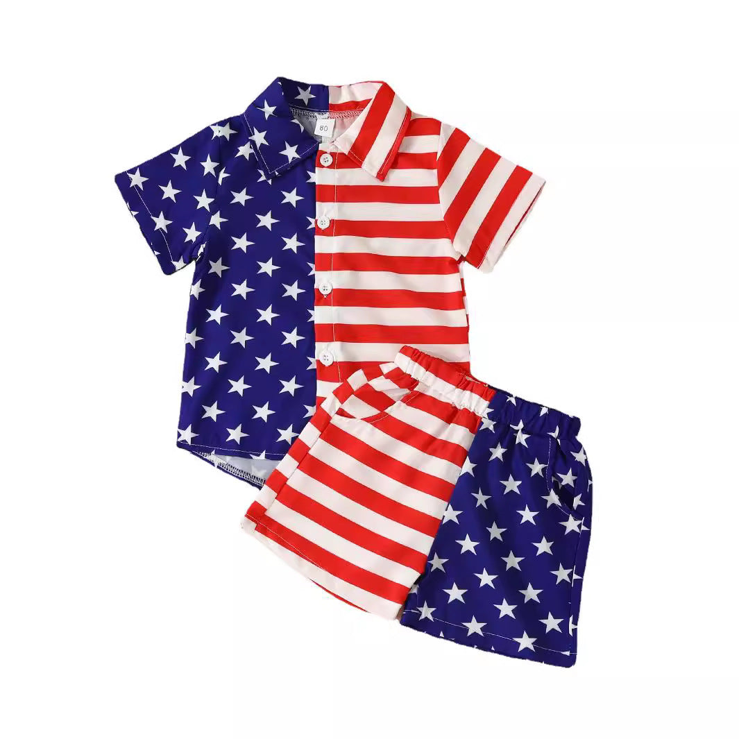 Summer Boys' Independent Japanese Star Stripe Single-breasted Short Sleeve Shorts Suit - Cindi Book