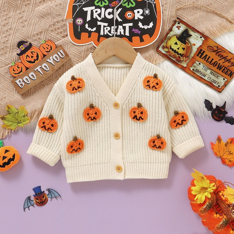 Baby Halloween Three-dimensional Pumpkin Pattern Knitted Long-sleeved V-neck Cardigan - Cindi Book