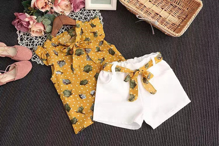 Girls Chiffon Sleeveless Flower Printed Two-piece Suit - Cindi Book