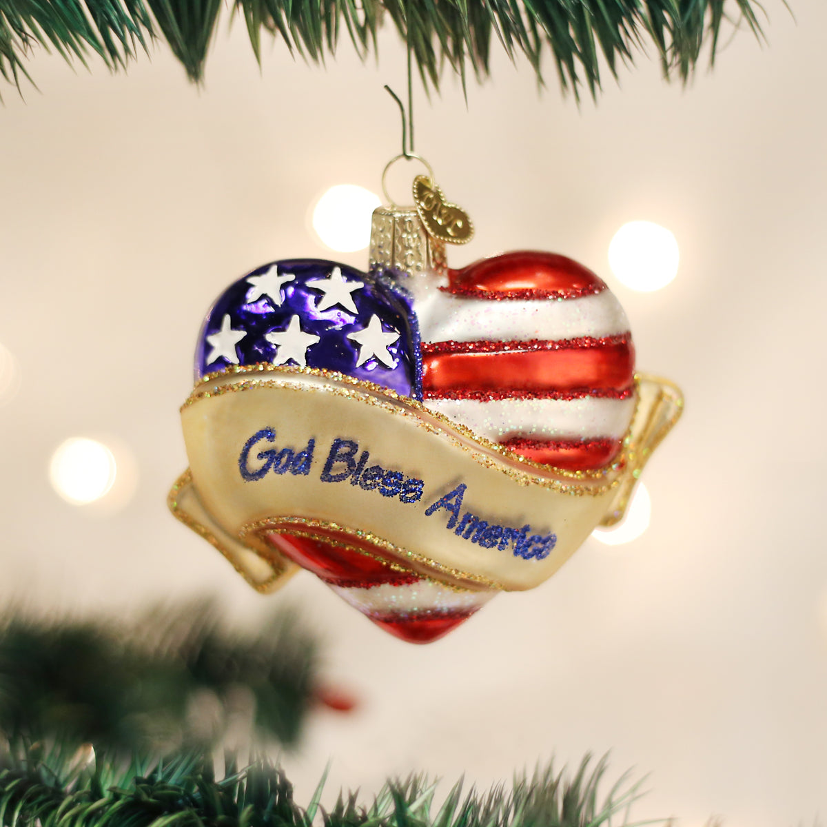 Old World Christmas God Bless America Heart - hand-blown glass Christmas tree ornament
