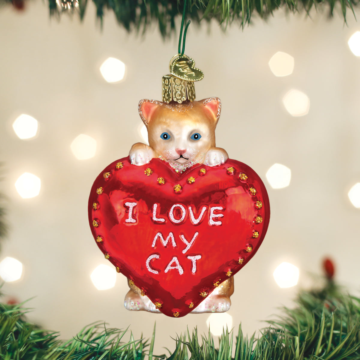 Old World Christmas I Love My Cat Ornament - hand-blown glass Christmas tree ornament