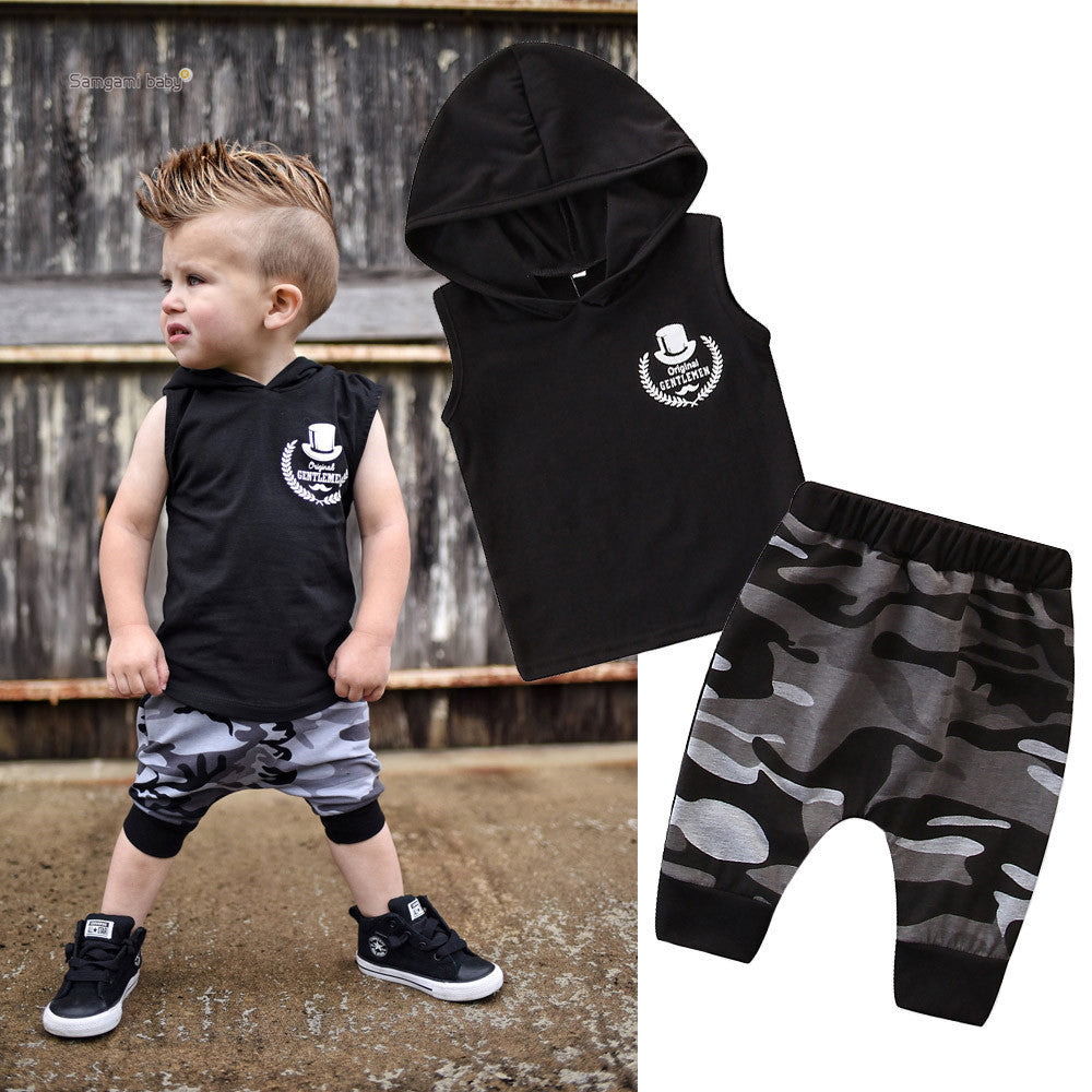 2PCS Toddler Kids Baby Boy Sleeveless Hooded Clothes T-shirt Tops Camo Pants Outfits - Cindi Book