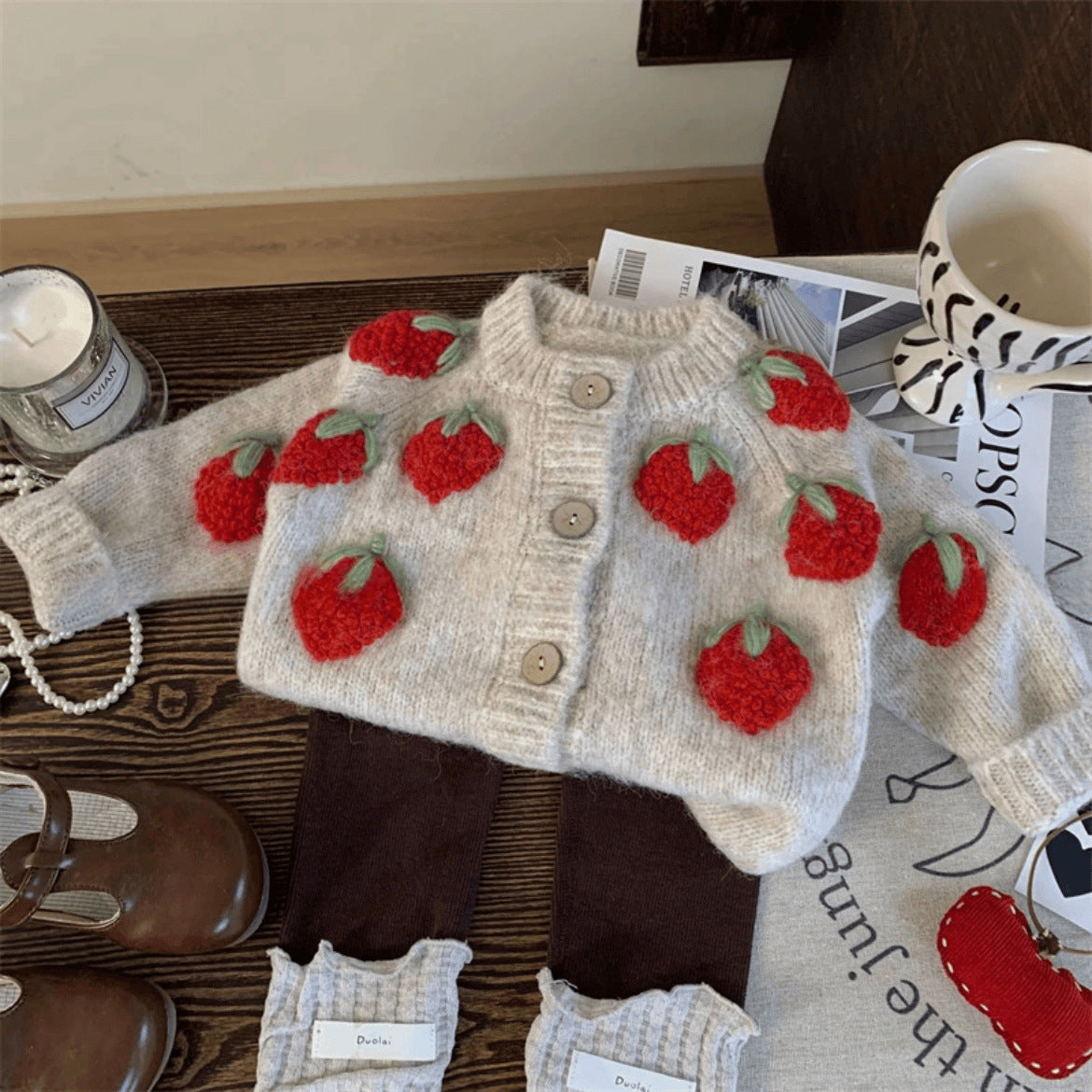 Baby Strawberry Knitted Coat Cardigan Two-piece Set - Cindi Book