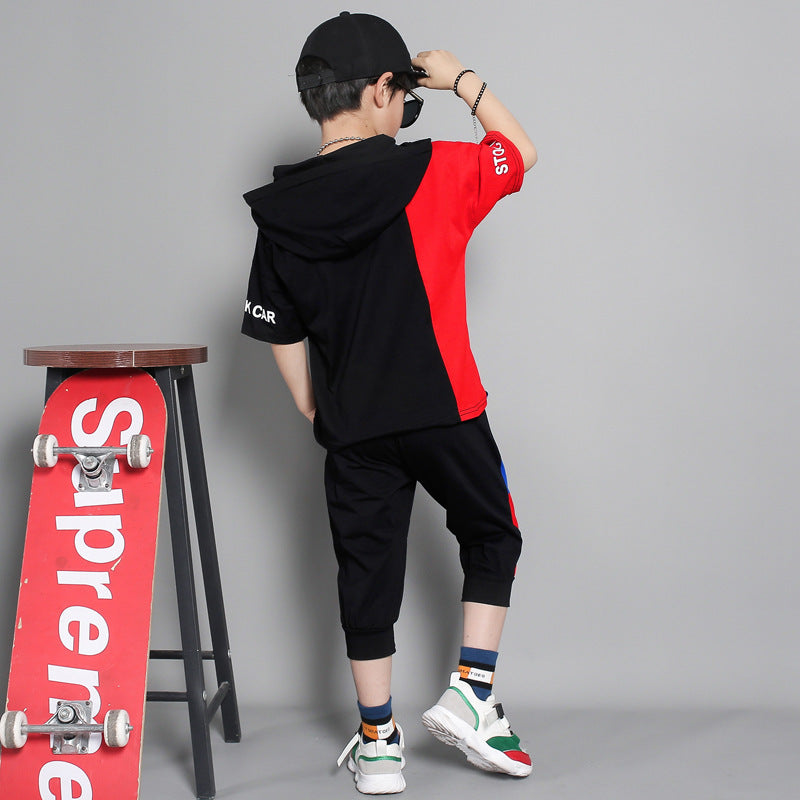 Children's clothing summer new boy short-sleeved suit in the big boy summer Korean version of the boy stitching sportswear tide - Cindi Book
