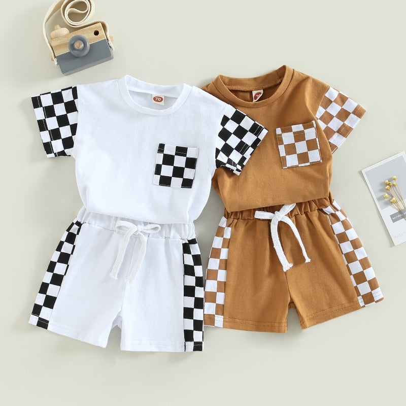New Infant Toddler Chessboard Plaid Stitching Short Sleeve Set