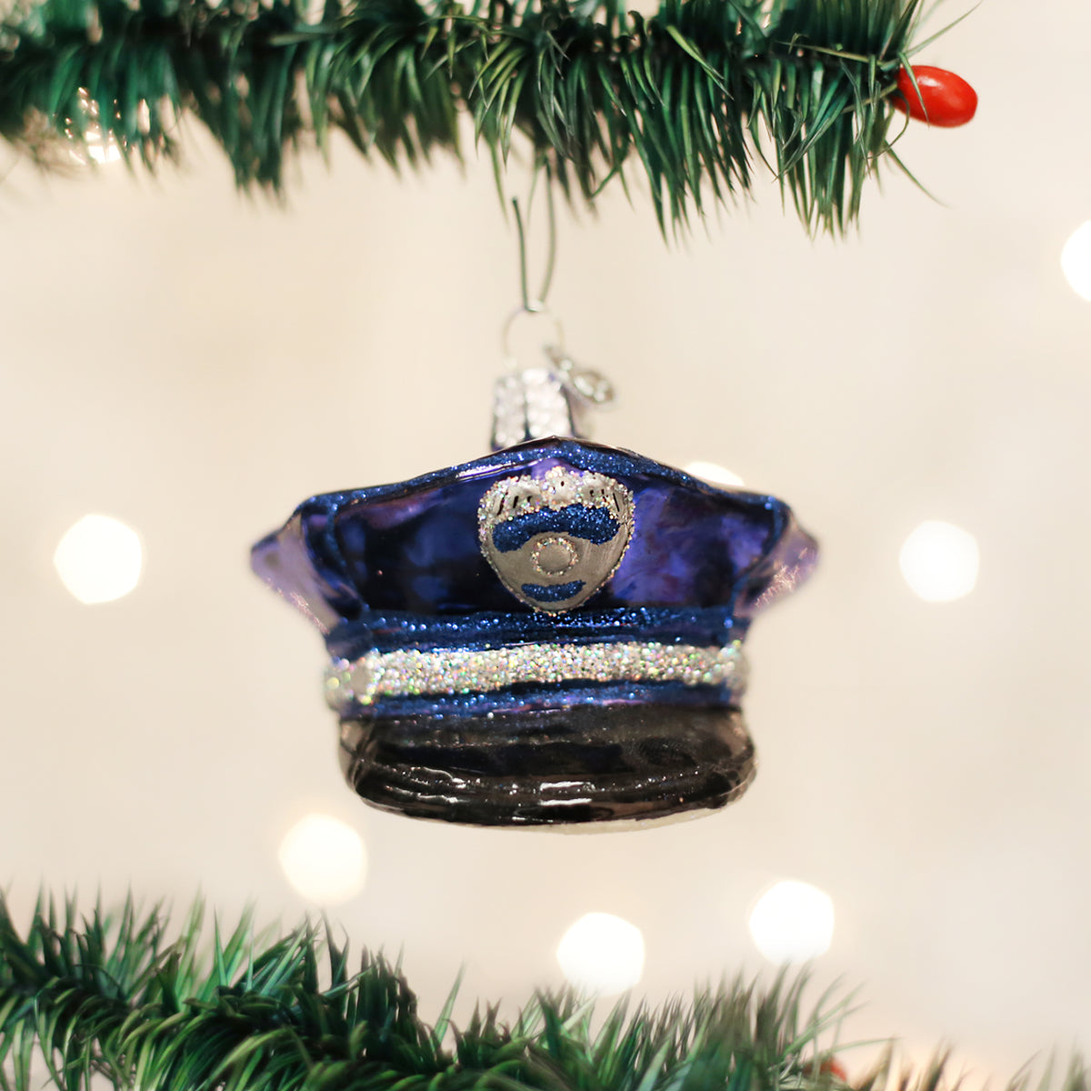 Old World Christmas Police Officer's Cap Ornament - hand-blown glass Christmas tree ornament