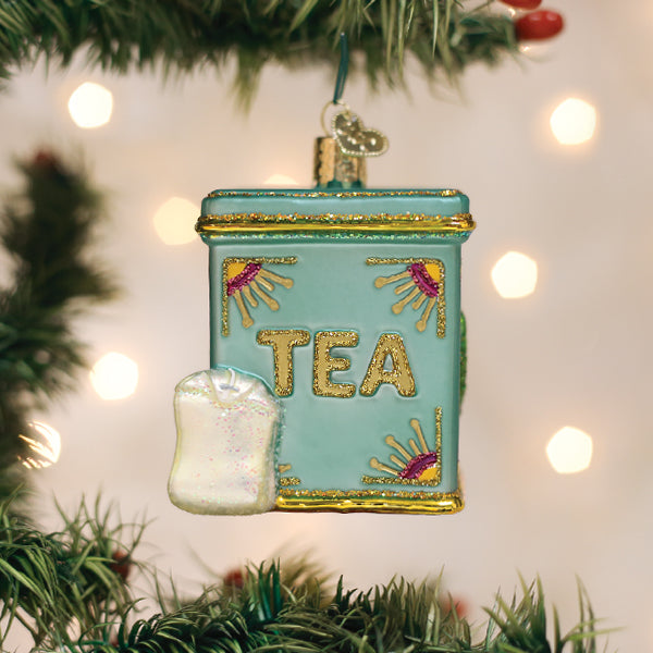 Old World Christmas Tea Tin Ornament - hand-blown glass Christmas tree ornament