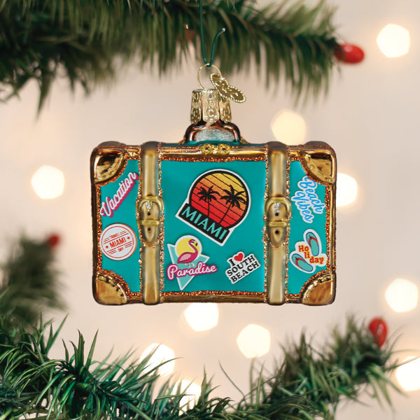 Old World Christmas Miami Suitcase Ornament - hand-blown glass Christmas tree ornament