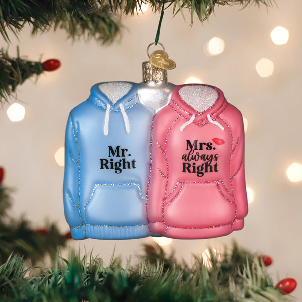 Old World Christmas Mr. & Mrs. Hoodies Ornament - hand-blown glass Christmas tree ornament