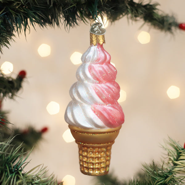 Old World Christmas Strawberry Swirl Soft Serve Ornament - hand-blown glass Christmas tree ornament
