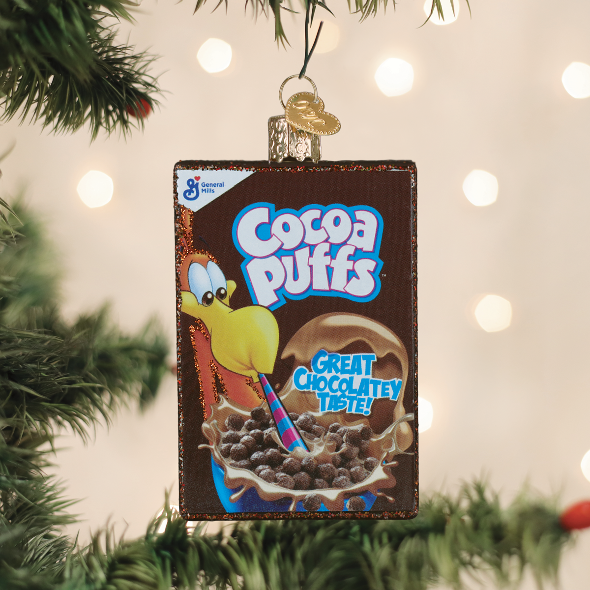 Old World Christmas Cocoa Puffs Box Ornament - hand-blown glass Christmas tree ornament