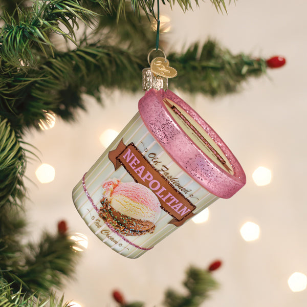 Old World Christmas Neapolitan Ice Cream Pint Ornament - hand-blown glass Christmas tree ornament