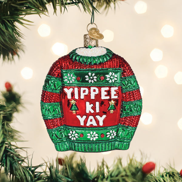 Old World Christmas Yippee Ki Yay Sweater Ornament - hand-blown glass Christmas tree ornament