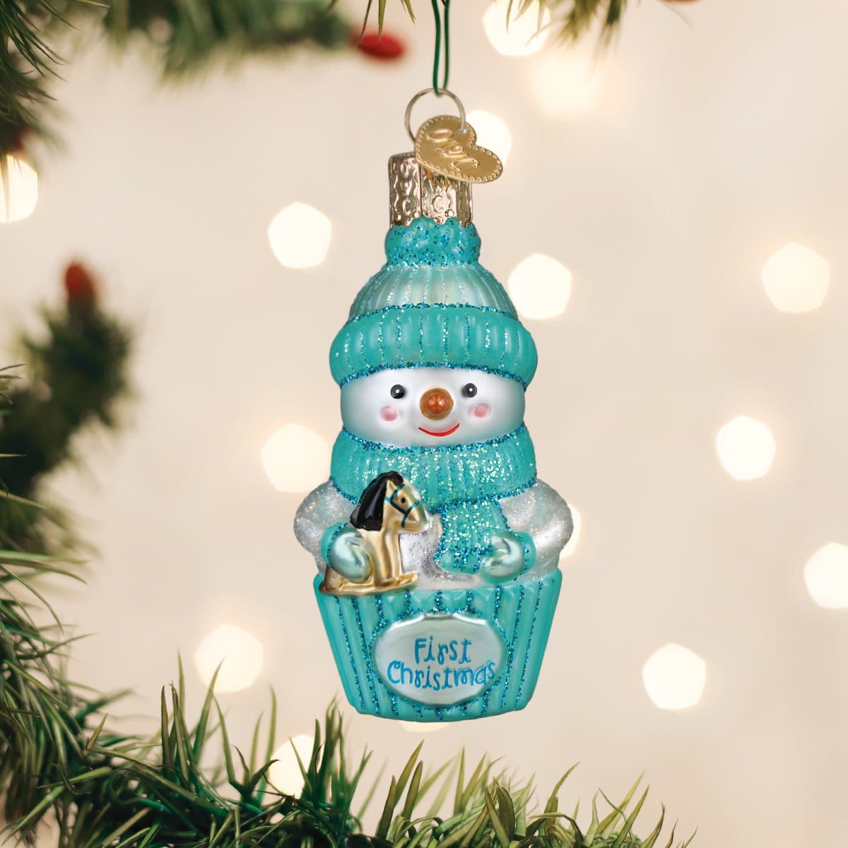 Old World Christmas Snow Baby Cupcake Boy Ornament - hand-blown glass Christmas tree ornament