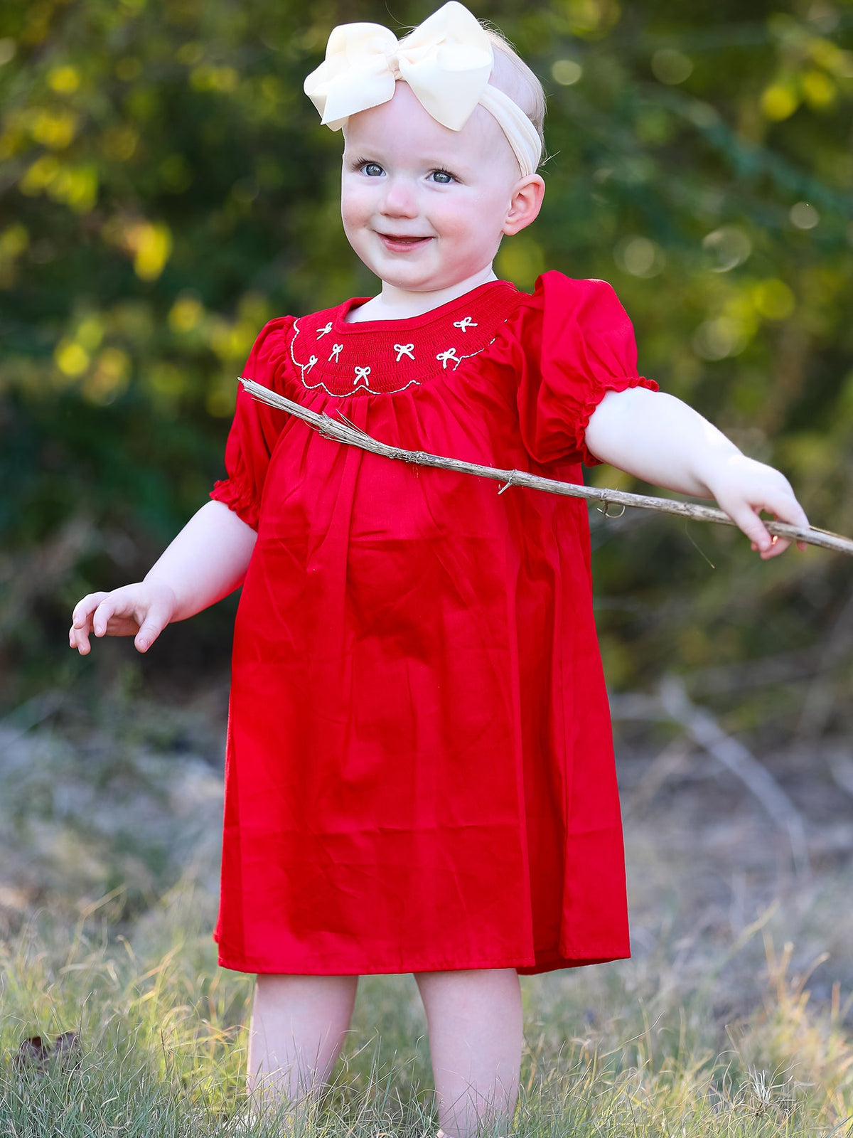 Rylee Faith Designs - Girls Bow Smocking Embroidered Red Dress