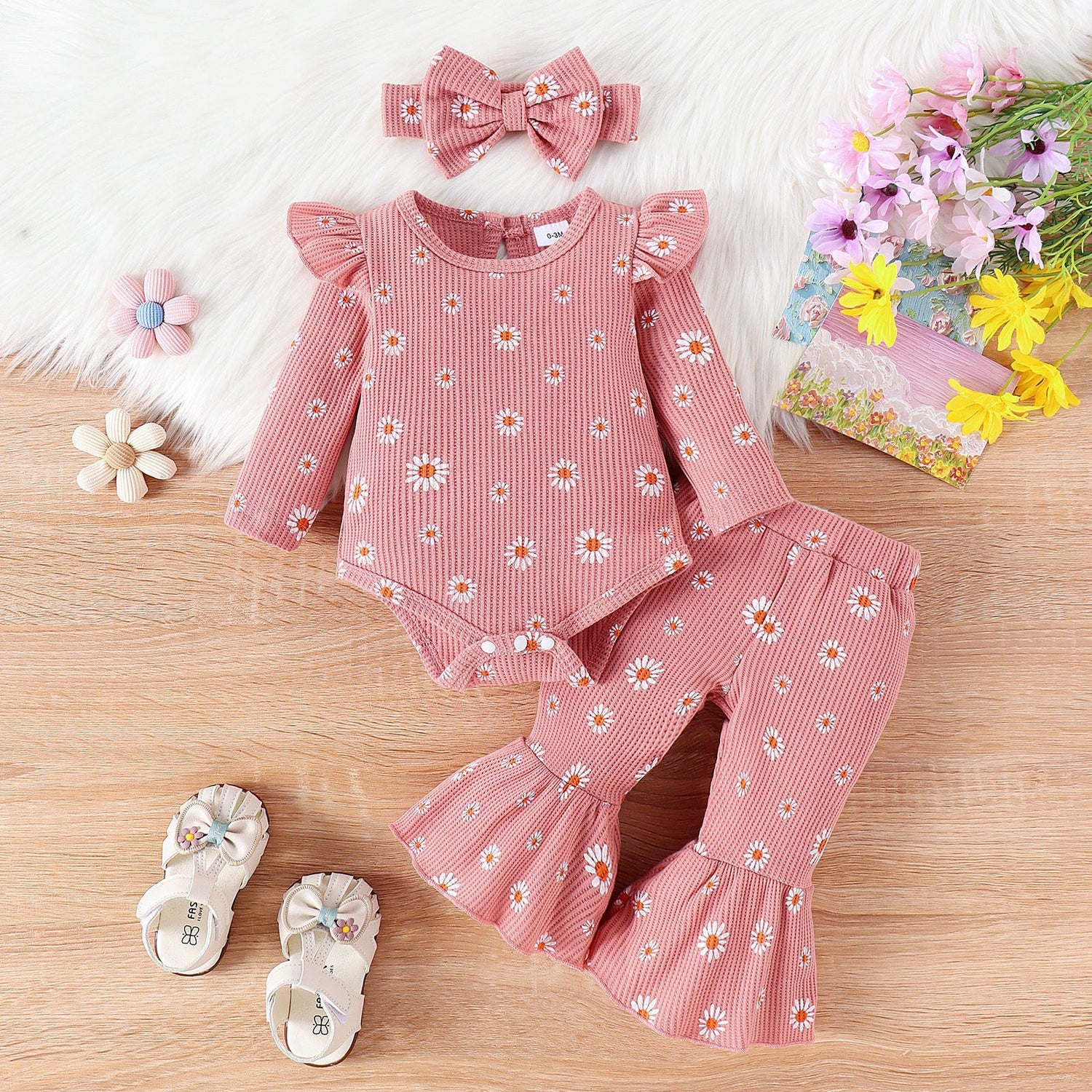 Children's Printed Top Bell-bottom Pants Hair Band Set - Cindi Book