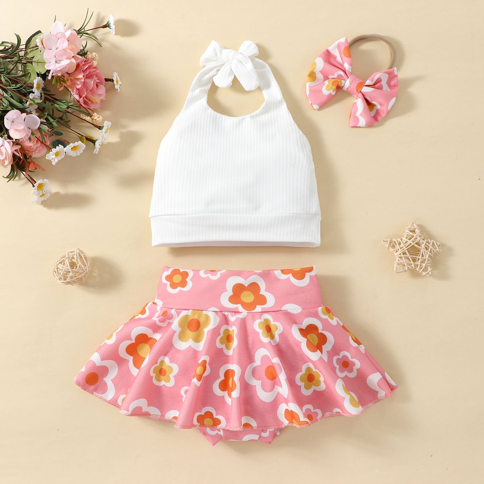 Ins Girls' New Solid Color Sling Top Flower Skort Suit - Cindi Book