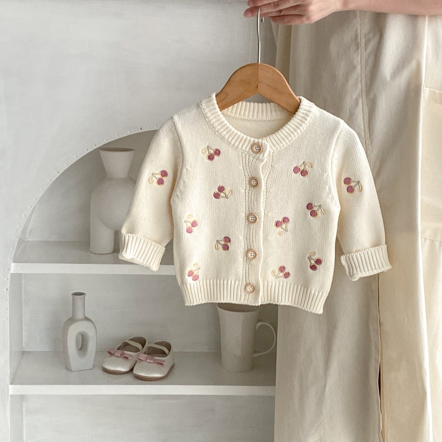 Cherry Embroidery Knitted Long Sleeve Coat Children's New Top