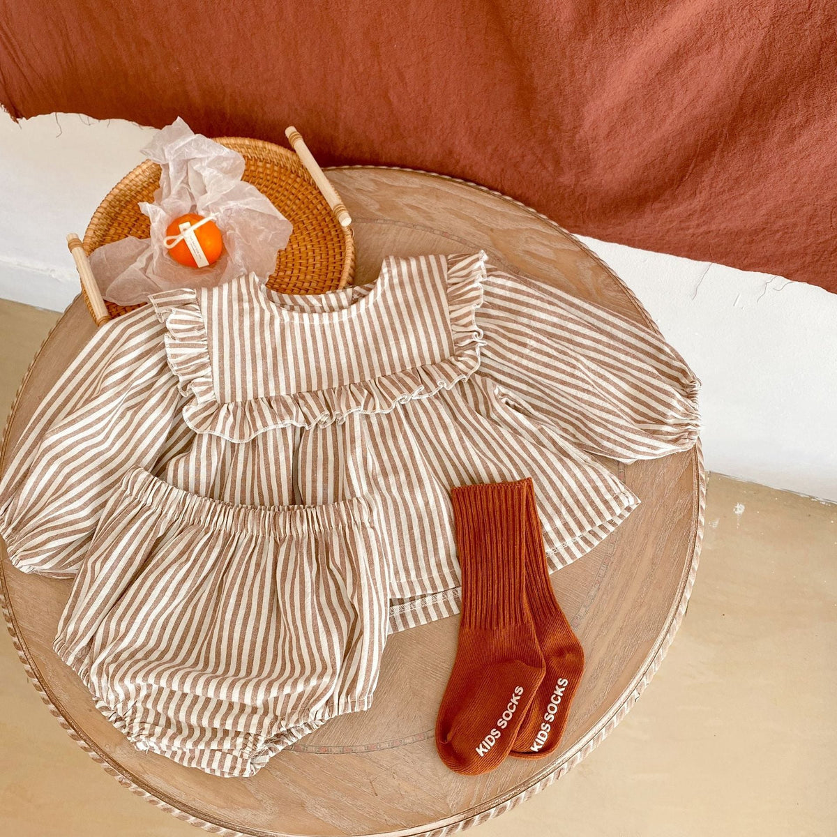 Cotton Baby Ruffle Collar Striped Long Sleeved Skirt Bread Pants Set - Cindi Book