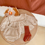 Cotton Baby Ruffle Collar Striped Long Sleeved Skirt Bread Pants Set - Cindi Book