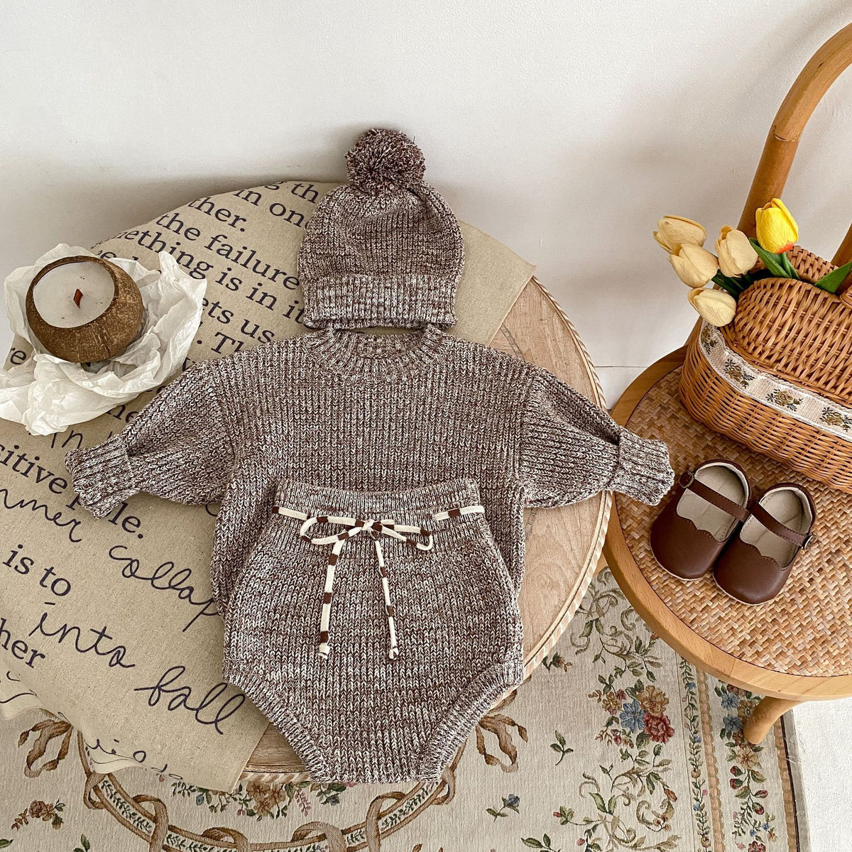 Infant Baby Girl Mixed Color Thick Needle Pullover Pants Pullover Fur Ball Knitted Hat 3-piece Set - Cindi Book