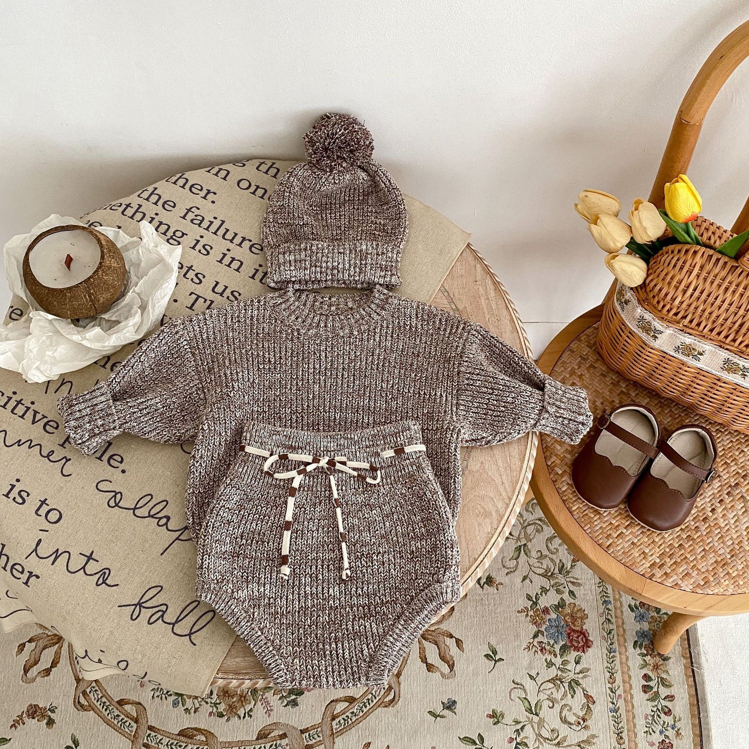 Infant Baby Girl Mixed Color Thick Needle Pullover Pants Pullover Fur Ball Knitted Hat 3-piece Set - Cindi Book