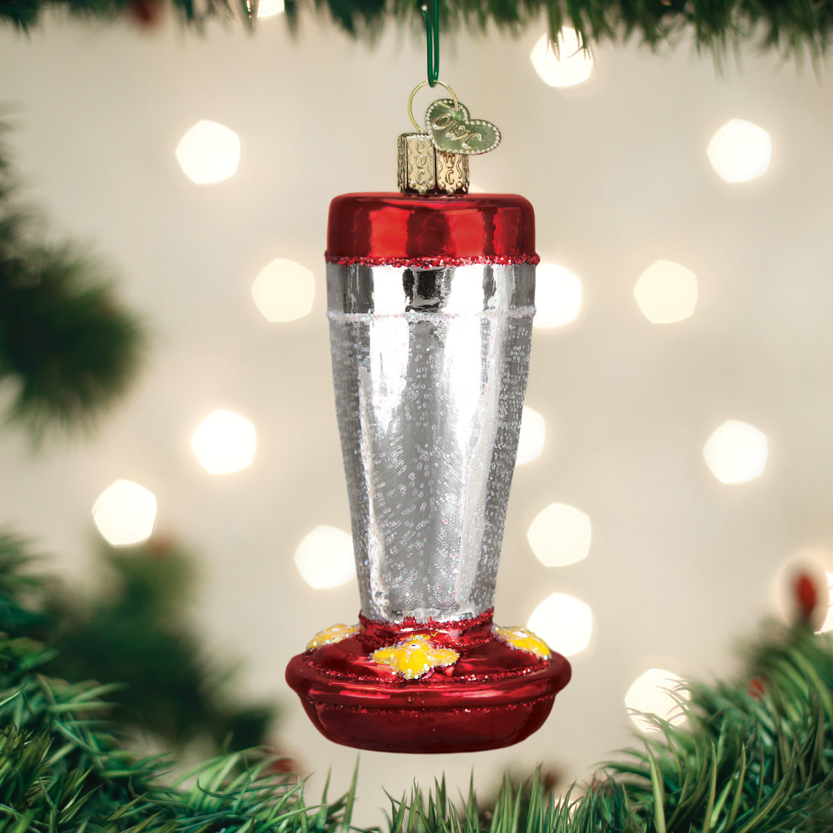 Old World Christmas Hummingbird Feeder - hand-blown glass Christmas tree ornament