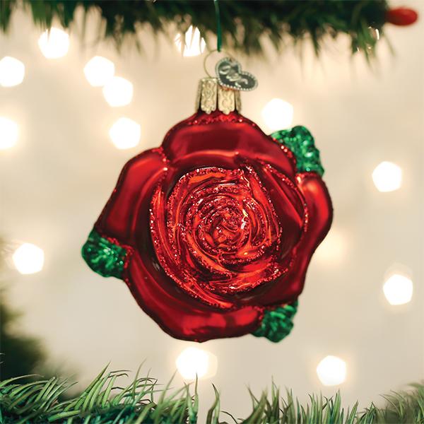 Old World Christmas Red Rose Ornament - hand-blown glass Christmas tree ornament