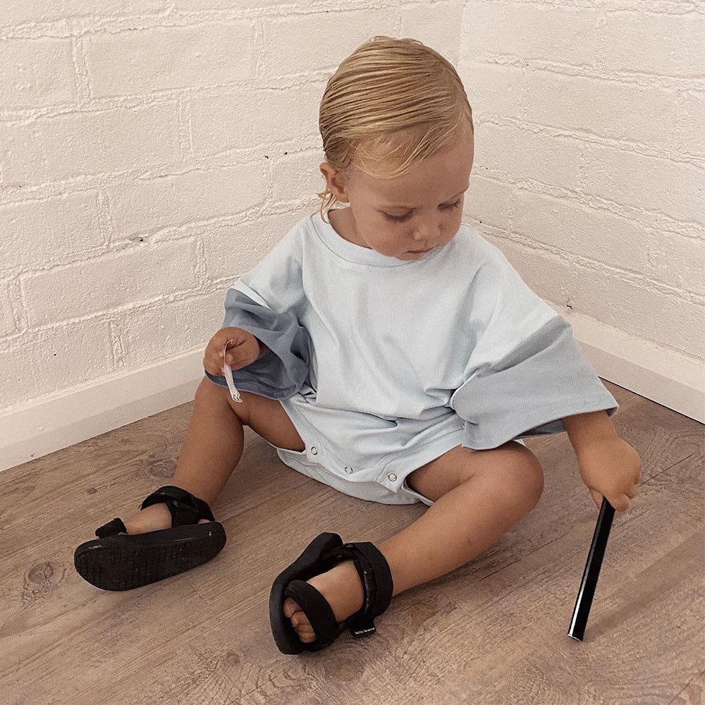 Baby Boy Solid Color Stitching Triangle Short-sleeved Jumpsuit - Cindi Book