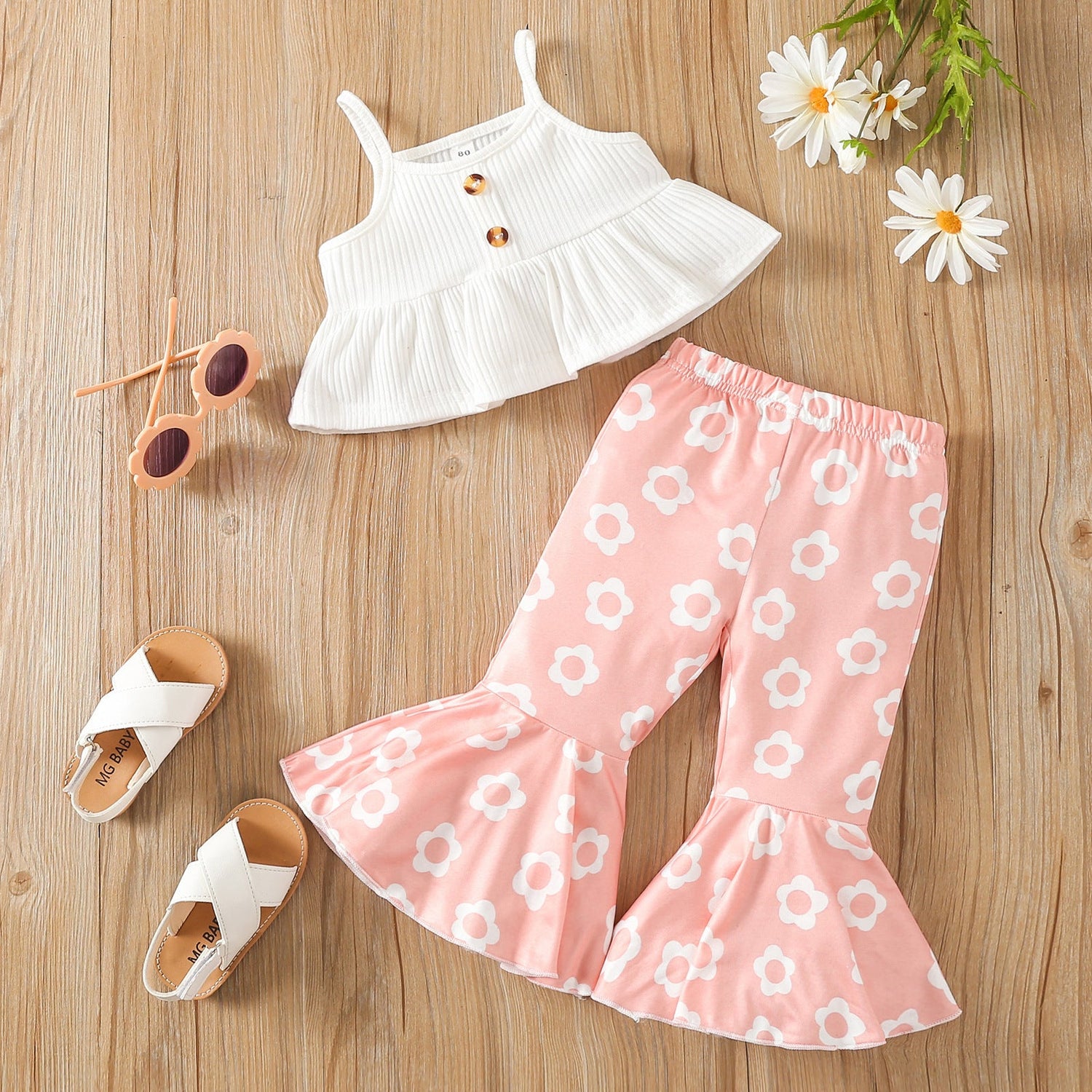 Children's Summer Spaghetti-Strap Floral Print Cotton Flared Pants Set