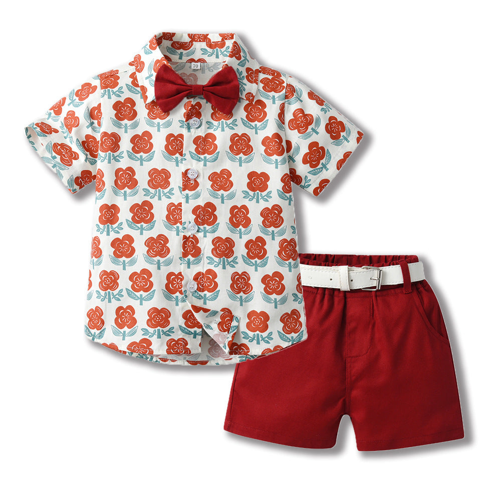 Bowknot Short-sleeved Cardigan Boys' Shorts Two-piece Set - Cindi Book
