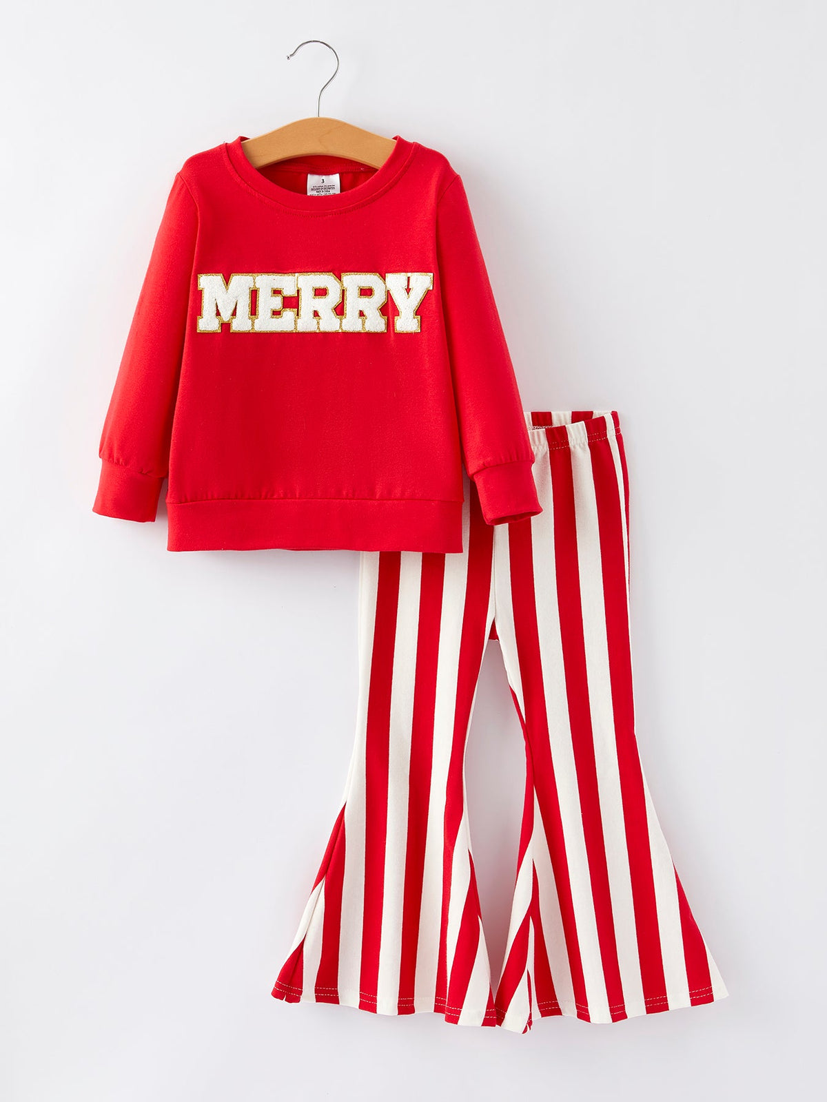 Rylee Faith Designs - Christmas “MERRY” Applique Girls Striped Bell-bottom Pants Outfit Set