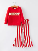 Rylee Faith Designs - Christmas “MERRY” Applique Girls Striped Bell-bottom Pants Outfit Set