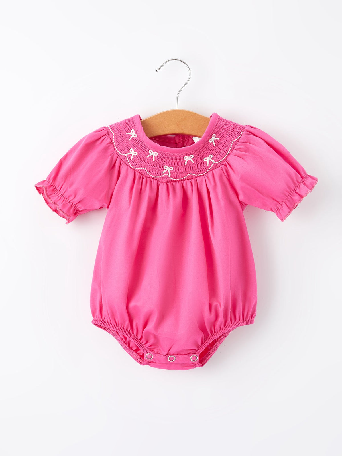 Rylee Faith Designs - Girls Bow Smocking Embroidery Hot Pink Romper