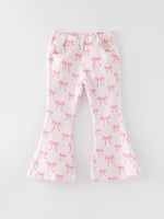 Rylee Faith Designs - Fall Girls Pink Bow Print Elastic Flared Jeans Denim pant