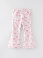 Rylee Faith Designs - Fall Girls Pink Bow Print Elastic Flared Jeans Denim pant - alternate view 2