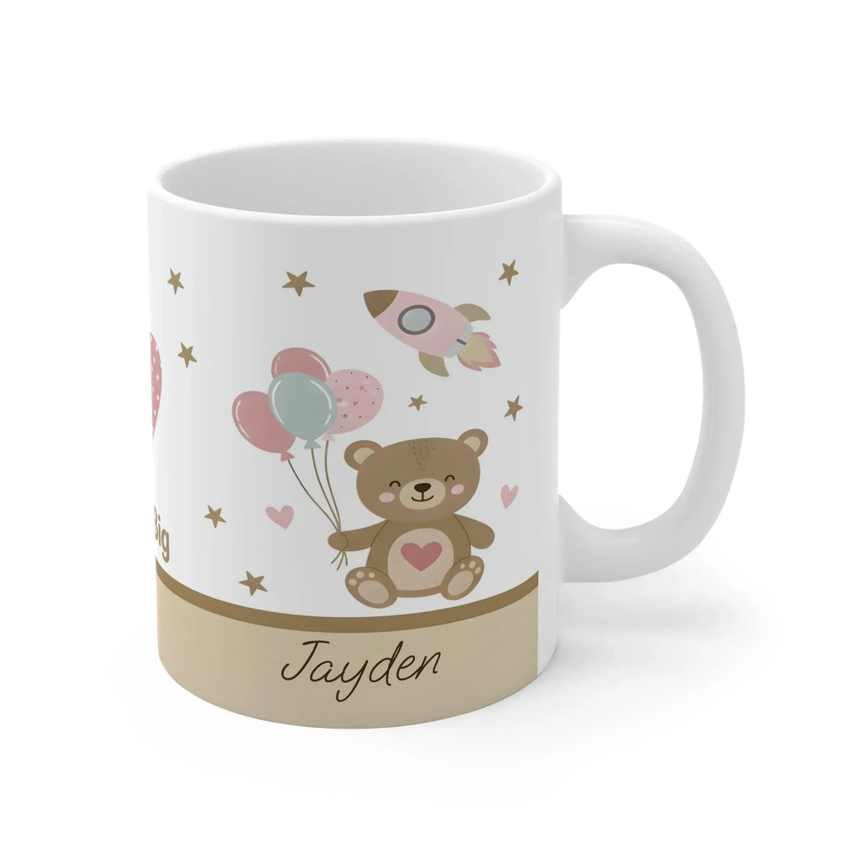 Personalized Dream Big Teddy Bear Mug | Custom Name | Balloons & Rocket Pastel Ceramic Gift