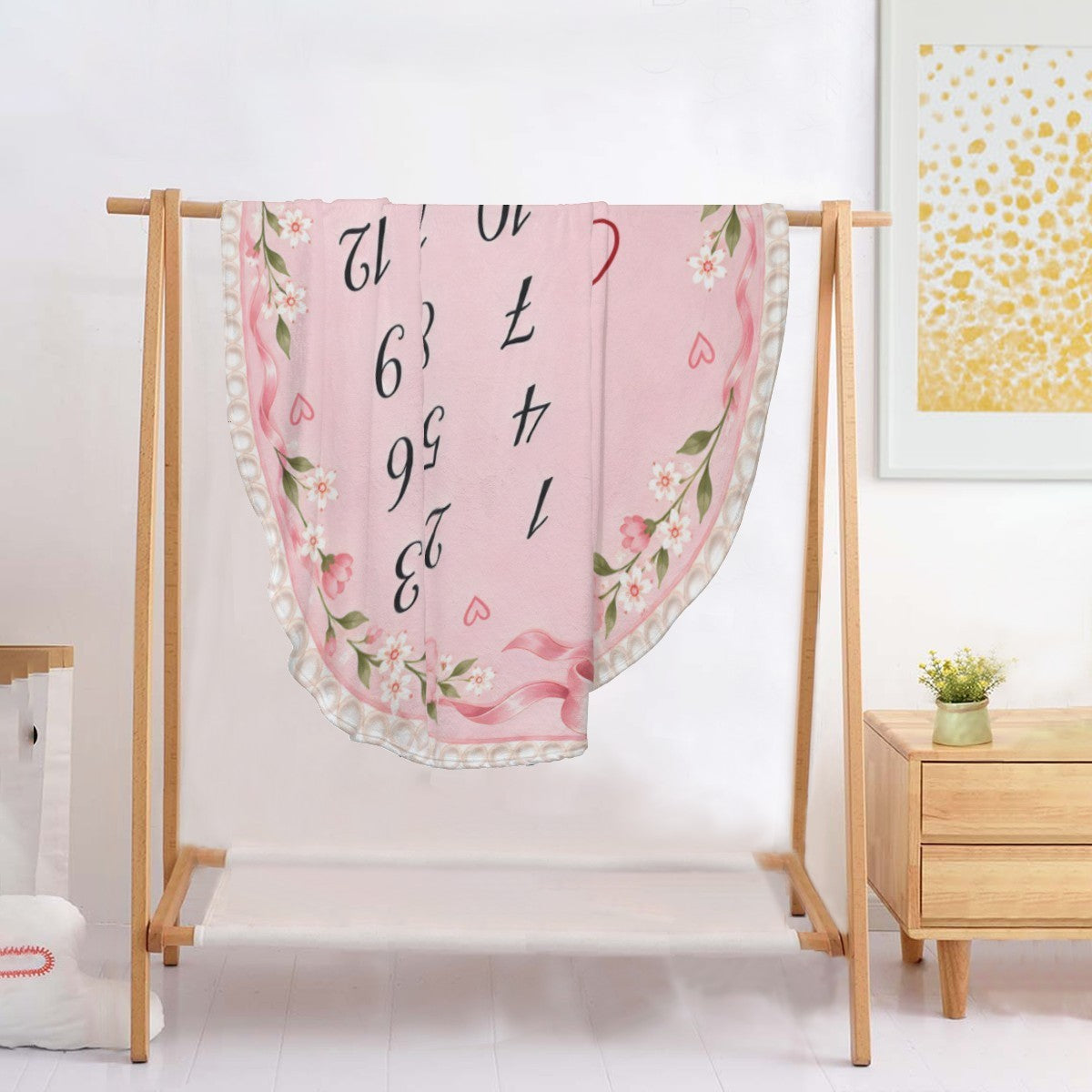 Personalized Baby Milestone Round Blanket with Name - Pink Floral Design with Month Numbers 1-12 and White Ruffle Edge - Baby Girl Gift