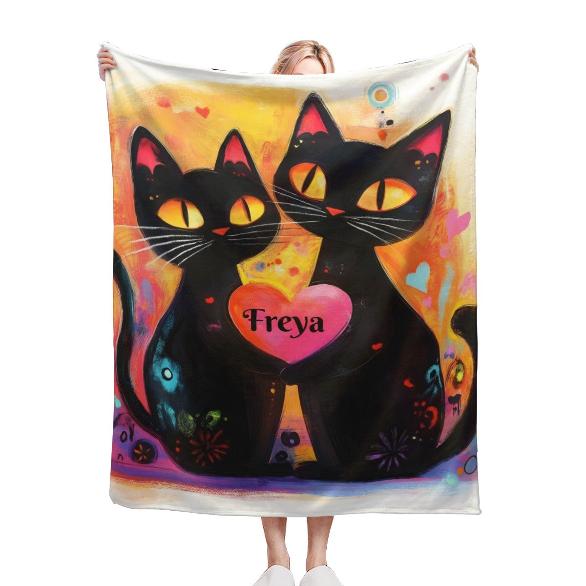 Personalized Black Cats Heart Blanket with Name | Pop Art Neon Design | Custom Cat Lover Gift