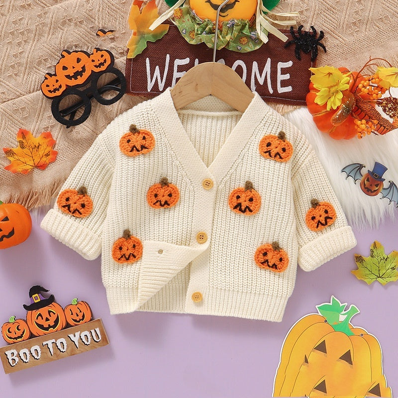 Baby Halloween Three-dimensional Pumpkin Pattern Knitted Long-sleeved V-neck Cardigan - Cindi Book