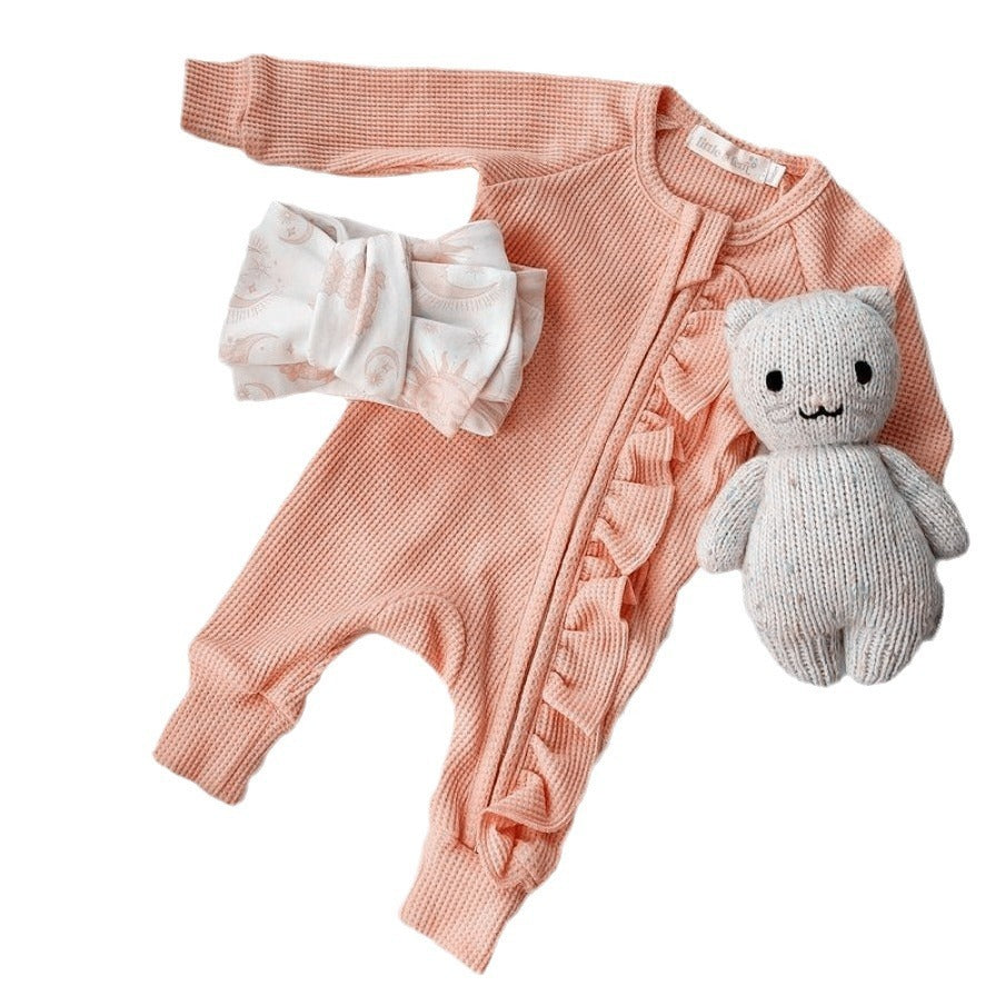 Girl Infant Bodysuit Long-sleeved Knitted Stretch Waffle Jumpsuit - Cindi Book