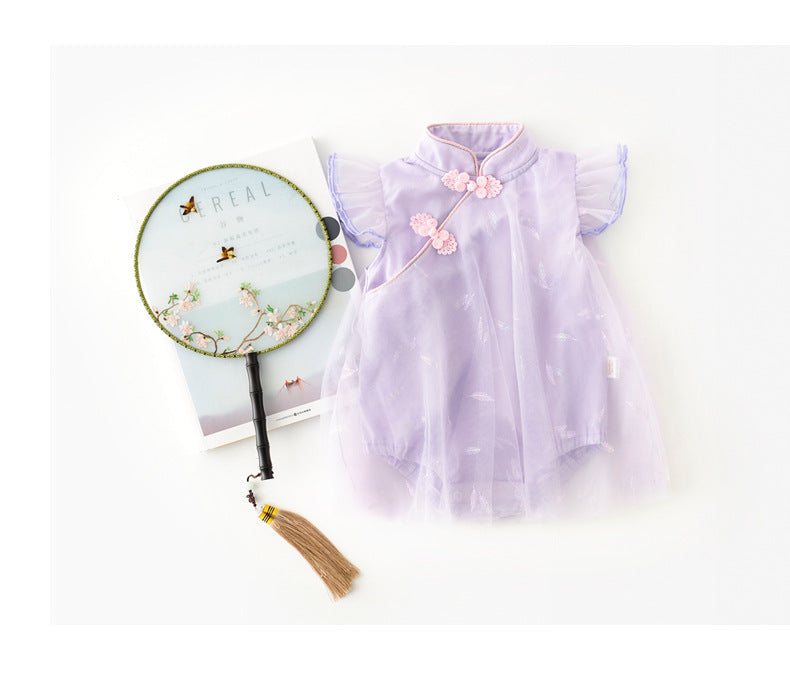 Baby Girl's Antique Style Buckle Mesh Feather Triangle Rompers Infant Onesie Dress - Cindi Book