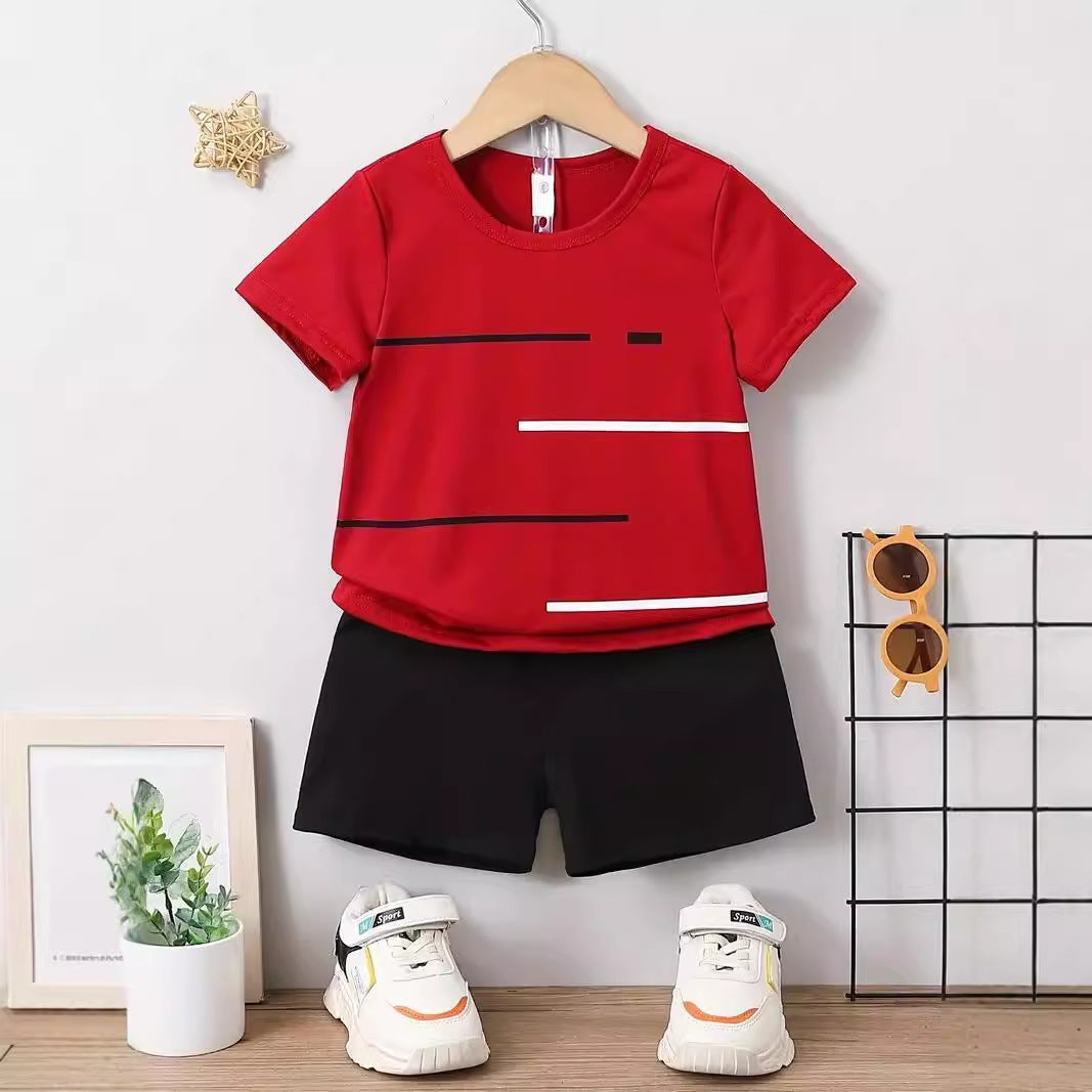 New Short Sleeve T-Shirt Shorts Loose Color Matching Lines Two-Piece Set