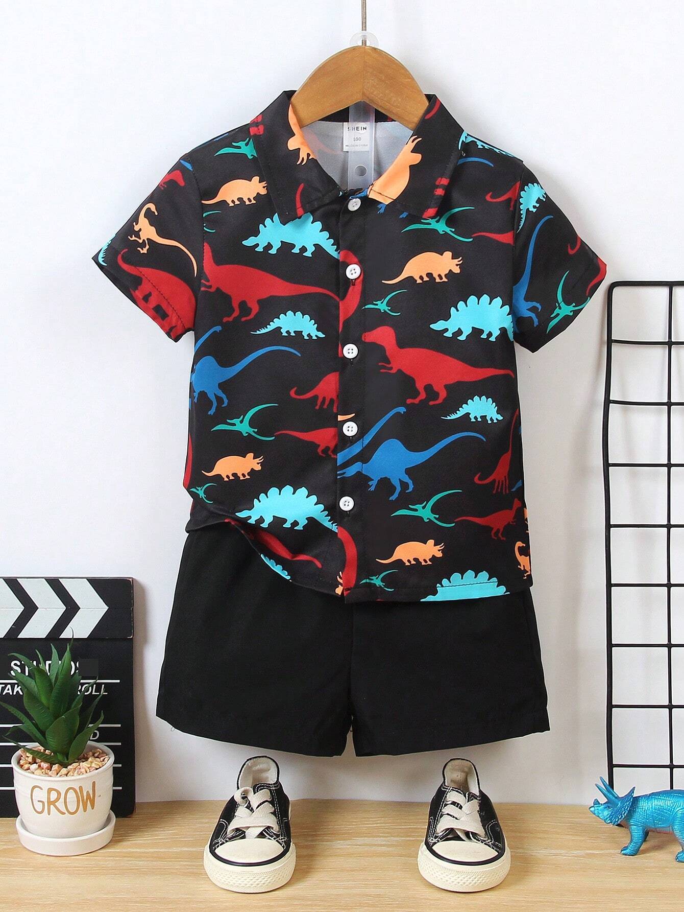 Baby Short Sleeve Shorts Cardigan Two-piece Set Animal Dinosaur Print - Cindi Book